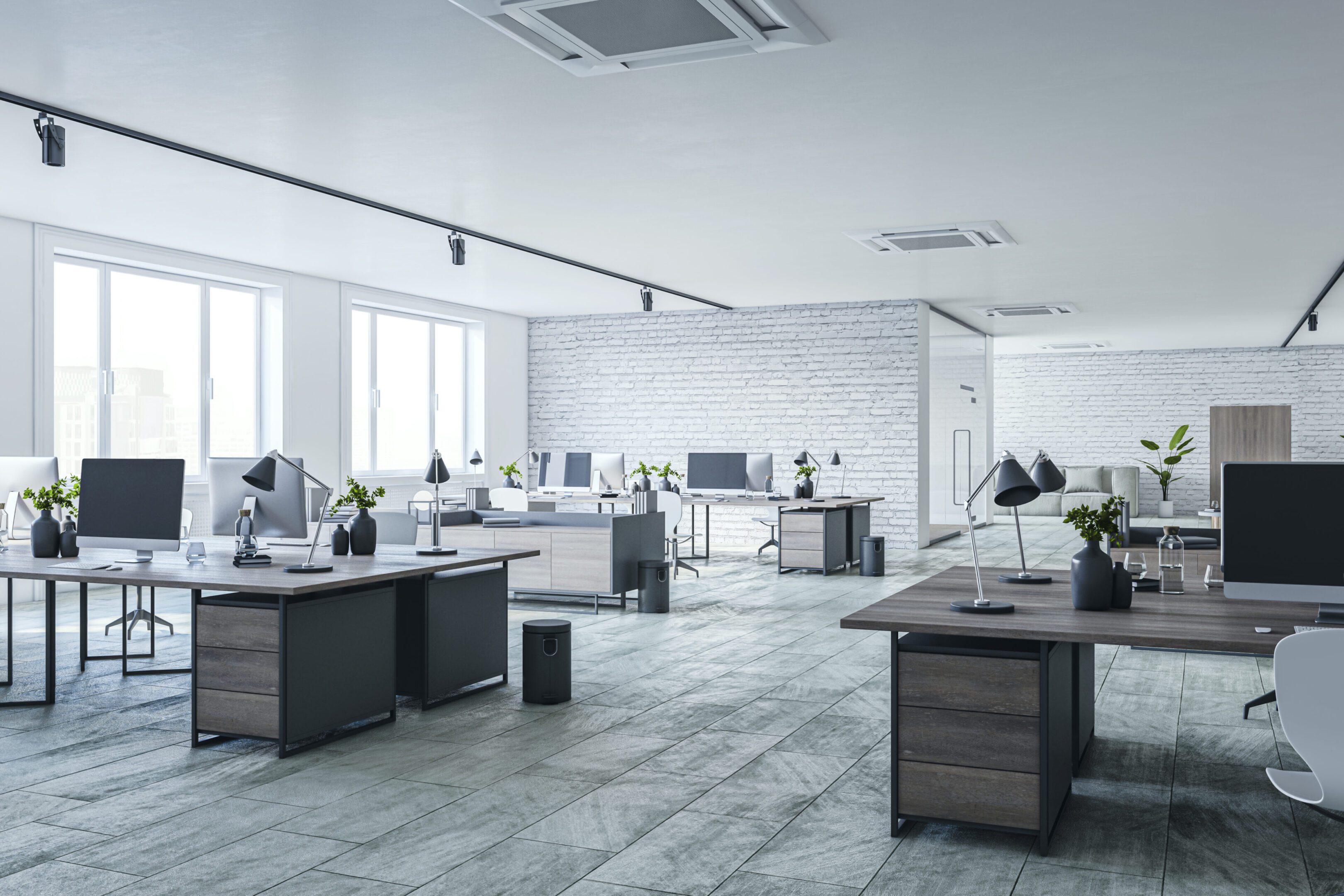 Modern light coworking office interior with window and city view, furniture. 3D Rendering